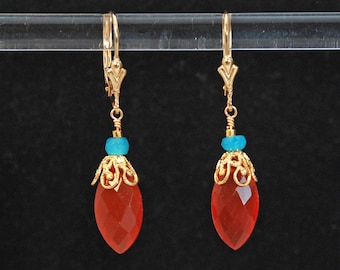 Orange Carnelian Earring Gold | Rust Color Carnelian jewelry Silver | Marquise Cut Stones | Carnelian Crystal Properties