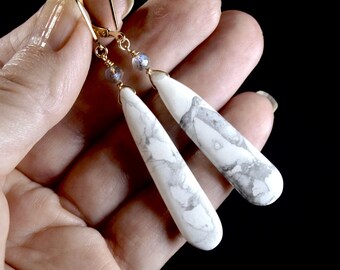 Howlite White Turquoise earrings with Labradorite accents in Silver, Gold, or Rose Gold, Bridesmaid Elegant Long Gemstone Long Dangle Drop