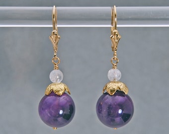 Genuine Amethyst Dangle Lever Back Earrings in 925 Sterling Silver or 14k Gold Fill | Round Purple Gemstone Jewelry February Birthstone