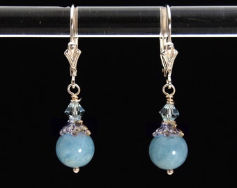 Natural Aquamarine Sterling Silver Lever Back earrings | Aquamarine 14k Gold Fill earrings | Aquamarine jewelry | Blue March Birthstone