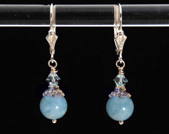 Featured listing image: Natural Aquamarine Sterling Silver Lever Back earrings | Aquamarine 14k Gold Fill earrings | Aquamarine jewelry | Blue March Birthstone