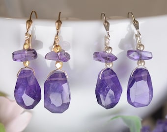 Real Amethyst Statement Earrings | Large Stone Dangle Lever Back 925 Silver 14k Gold Fill | Purple Gemstone Jewelry February Birthstone