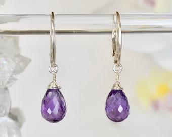 Genuine Fine Amethyst Dangle Earrings in 925 Sterling Silver, 14k Rose Gold or Gold Fill Faceted Teardrop Lever Back Birthstone Gem Jewelry
