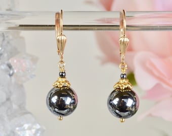 Luminous Hematite Dangle Earrings in 925 Sterling Silver or 14k Gold Fill, Natural Shiny Grey Round Gemstone Drop Stones, Orb, Sphere, Ball