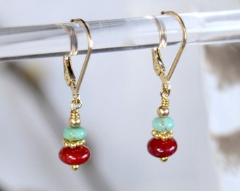 Tiny Turquoise and Red Coral earrings in 925 Sterling Silver or 14k Gold Fill