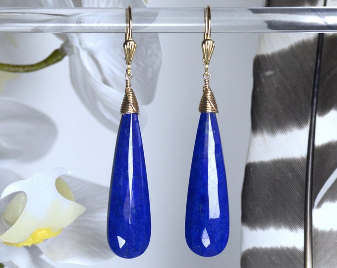 Featured listing image: Exquisite Lapis Lazuli Statement earrings in 14k Gold Fill, High End Fine jewelry FREE US SHIPPING Gift for Her, Mom, Wife, Christmas