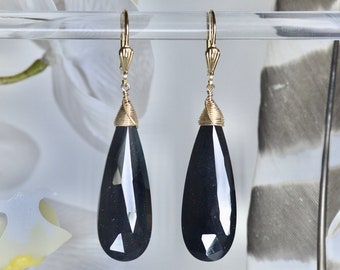 High End Black Spinel faceted dangle statement earrings in 14K Gold Filled | Elegant Lever Back Gemstone Earrings | Grounding Stone Jewelry