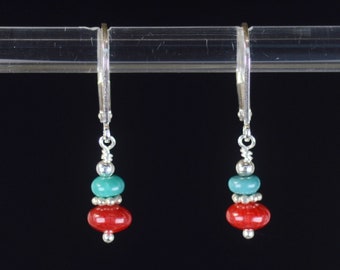 Tiny Turquoise Red Coral and Silver earrings / Turquoise and Coral earrings / Turquoise earrings / Coral earrings / Gift for Mom