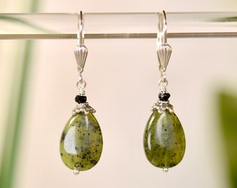 Genuine Green Nephrite Jade dangle earrings in 14k Gold Fill or 925 Sterling Silver | Lever Back stone jewelry | Real gemstone