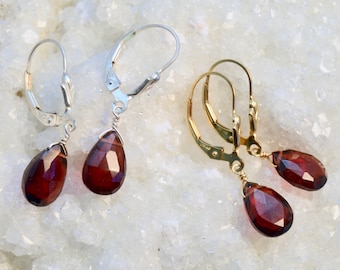 Red Garnet Drop Earrings in 14k Gold Fill or 925 Sterling Silver, Hand Made Dangle Lever Back Gemstone Jewelry, January Birthstone, Crystal