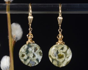 Rainforest Jasper dangle earrings in 14k Gold Fill or 925 Sterling Silver | Turtle Rhyolite Green gemstone jewelry | Choose Your Stones