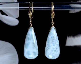 Stunning AAA Larimar earrings in Gold, Genuine Larimar jewelry in 14K Gold Fill, One-of-a-Kind High End Larimar briolettes