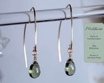 Genuine Faceted Moldavite earrings in 925 Sterling Silver or 14k Gold Fill Rose Gold Fill | May birthstone | Real Czech Meteorite jewelry