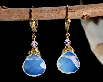 Faceted Opalite Glass Teardrop Lever Back earrings in 14k Gold Filled or 925 Sterling Silver| October Birthstone Dangle Drop Jewelry