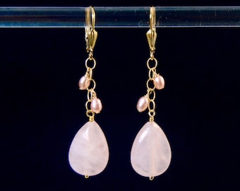 Lovely Pink Pearl lever back dangle earrings | Dusty Pink Rose Quartz in 14k Gold Fill or 925 Sterling Silver |  | Rose Quartz Love Pink