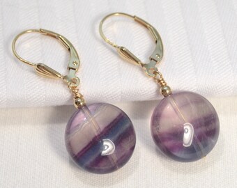 Rainbow Fluorite dangle lever back earrings in 925 Sterling Silver or Gold, Green Purple Blue Crystal gemstone jewelry Choose Your Stones