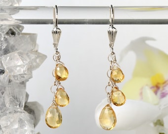 Real Citrine Dangle earrings, Multi Stone November Birthstone jewelry, Genuine Gemstone Cluster Lever Back Gold Fill or 925 Sterling Silver