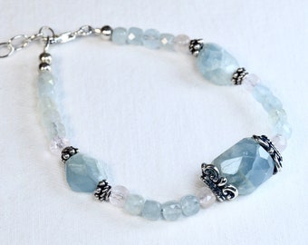 Genuine Aquamarine Morganite Beryl Bracelet, One of a Kind Your Choice of Stones, 925 Sterling Silver, Natural Blue March Birthstone jewelry