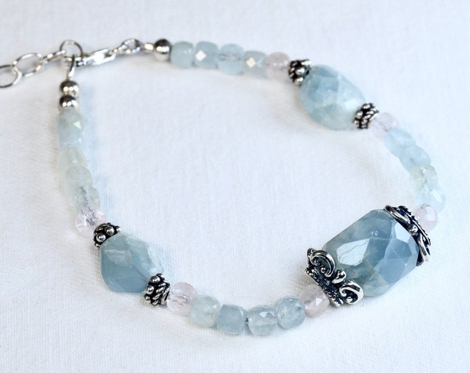 Featured listing image: Genuine Aquamarine Morganite Beryl Bracelet, One of a Kind Your Choice of Stones, 925 Sterling Silver, Natural Blue March Birthstone jewelry