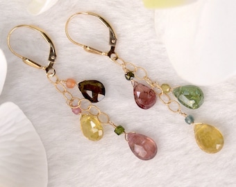 Pink Green Tourmaline Multi Gemstone earrings in Silver, Gold, or Rose Gold, Watermelon October Birthstone Jewelry Gift for Her, Dangle Drop