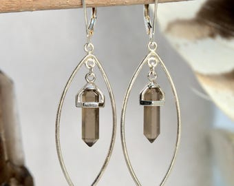 Smokey Quartz Crystal Earrings in 925 Sterling Silver | Double Terminated Brown dangle gemstone jewelry with Gemstone Meanings