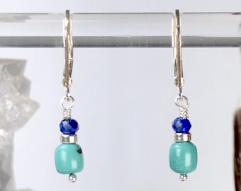 Tiny Turquoise, Lapis Lazuli and Silver earrings, Lever Back Dangle Drop Handmade December Birthstone Gemstone Jewelry, Gift for Her