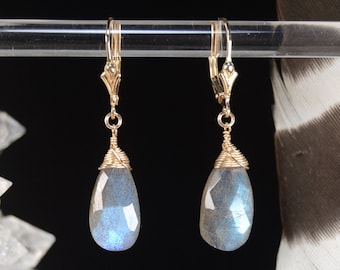 Labradorite Wire Wrapped dangle lever back earrings 14k Gold Fill, Rose Gold, or 925 Sterling Silver Blue flashy fiery gemstone jewelry