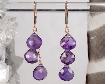 Real Amethyst Dangle Earrings in 925 Sterling Silver, 14k Rose Gold or Gold Fill Faceted Heart Lever Back Birthstone Gem Jewelry
