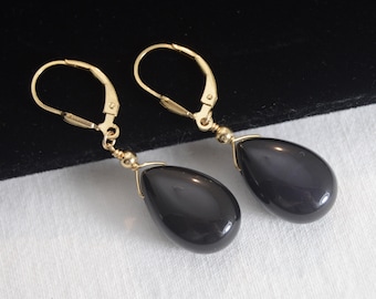 Golden Sheen Black Obsidian Lever Back earrings in 925 Sterling Silver or 14k Rose or Gold Fill | Gemstone Dangle Drop Grounding Protection