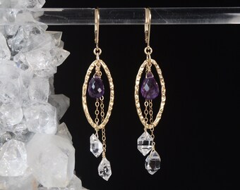 Long Herkimer Diamond & Amethyst dangle earrings in Gold or Silver, Raw Crystal Chandelier Statement jewelry, February April Birthstone Gift