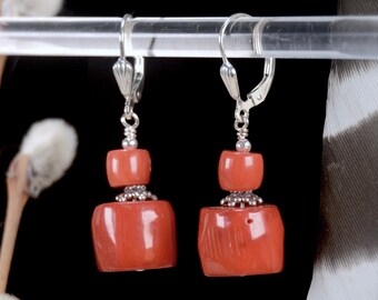 Red Coral Statement earrings in 925 Sterling Silver or Gold, Handmade Large Red Orange Dangle Drop Chunky Natural Red Jewelry, Gift for Her