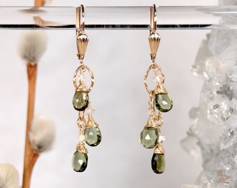 Genuine Moldavite Meteorite Faceted earrings with Herkimer Diamond gemstones, Gold or Silver, Dangle Real Czech Meteorite Tektite jewelry