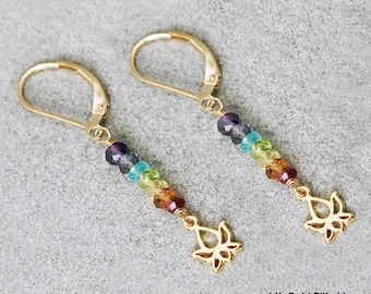 7 CHAKRA Real Stone Earrings w Lotus Flower Charm in 925 Sterling Silver or 14k Gold Fill & Vermeil, Womens Yoga Gemstones Jewelry Crystals