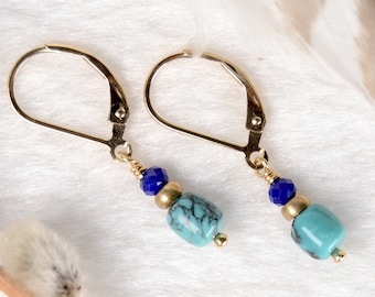 Tiny Turquoise, Lapis Lazuli and Gold earrings, December Birthstone Lever Back Dangle Drop Handmade Gemstone Jewelry, Gift for Mom