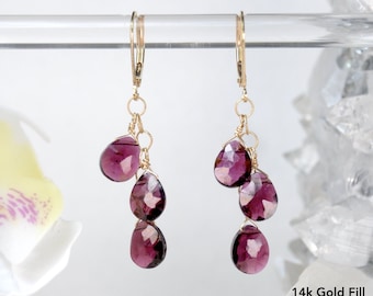 Red Garnet Cluster Gemstone Dangle Earrings in 14k Gold Fill or 925 Sterling Silver, Hand Made Drop Lever Back Jewelry, January Birthstone