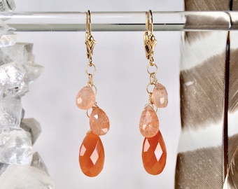 Real Carnelian & Sunstone Dangle Earrings in Gold, Silver, or Rose Gold | Delicate Handmade Gemstone Cluster Chandelier jewelry