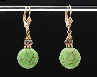 Green Turquoise Howlite dangle earrings | 14k Gold Fill or 925 Sterling Silver Lever Back Bright Green Agate earrings | Chartreuse Howlite
