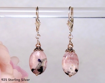 Pink Rhodonite earrings in 925 Sterling Silver or 14k Gold Fill, Choose Your Stones, Gift Idea Handmade Lever Back gemstone dangles jewelry