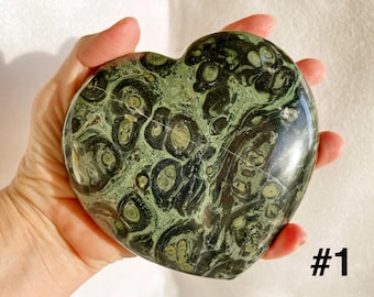 KAMBABA Jasper Heart Crystal w Stand, FREE SHIP, 4.5 in, 1 to 2 lb, Crocodile Stone, Unique Home Decor, Heart Chakra Stone