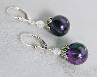 Amethyst Lever Back Drop Earrings in 925 Sterling Silver or 14k Gold Fill | Round Purple Gemstone Jewelry February Birthstone | Nickel Free