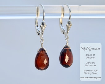 Red Garnet Lever Back Drop Earrings in 925 Sterling Silver, 14k Gold or Rose Gold Fill, Hand Made Dangle Gemstone Jewelry January Birthstone