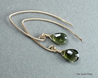 Moldavite meteorite jewelry gemstone earrings in 14k Gold Fill or 925 Sterling Silver | Faceted May birthstone Real Czech Meteorite Tektite