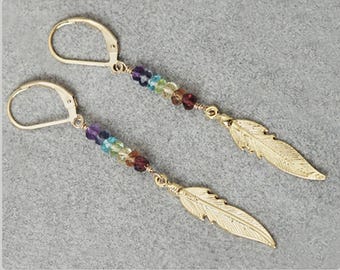 7 Chakra earrings, Gold FEATHER Earrings, CHAKRA Stones, Chakra Jewelry, Chakra Stone Set, Chakra Crystals,  Energy Jewelry, Feather charms