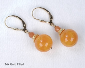 Golden Yellow Jade earrings in 925 Sterling Silver or 14k Gold Fill | Honeycomb Saffron Orange Tangerine Lever Backs