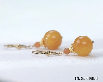 Honeycomb Orange Jade earrings in 925 Sterling Silver or 14k Gold Fill | Saffron Golden Yellow Lever Back earrings | Tangerine earrings