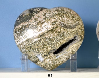 Ocean Jasper Puffy Heart Stones FREE US SHIP Healing Crystal 3 to 5 inch, Orbicular Atlantis Stone, with Stand, Gift for Her, Gift for Him