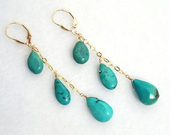 Natural Handmade Turquoise dangle earrings in 14k Gold Fill or 925 Sterling Silver | Turquoise jewelry | Gold Dangle Boho earrings