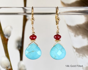 Turquoise and Red Coral earrings in 14k Gold Fill or 925 Sterling Silver | December Birthstone birthday gift for her