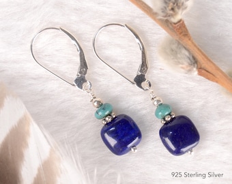 Small Lapis Lazuli and Turquoise earrings in 925 Silver or Gold, Handmade Lever Back earrings, September Birthstone Birthday Gift