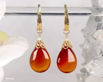 Orange Carnelian Gemstone earrings in Gold or Silver | Dangle Drop July Birthstones, Tiny Opal accents, Choose Your Stones, Hammered jewelry